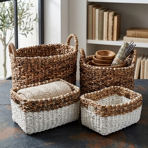 Natural Banana Bark Recycled Plastic Storage <b>Basket</b> Set White Bottom Dip <b>Rectangular</b> Shelf Box Setup Decor Pure Art Design - Product Image 3