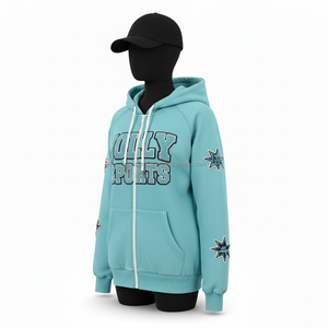 Sudadera con Capucha y Cremallera para Mujer, Algodón GSM, Felpa, Color Verde Azulado, Mangas Raglán, Bordado con Logotipo Personalizado, Estilo Deportivo Premium, Sudadera Básica con Cremallera - Product Image 4