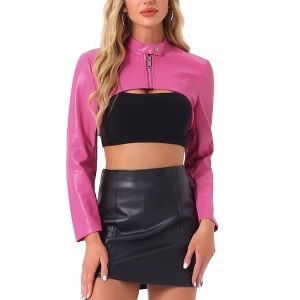 Kelly vert culture Faux cuir vestes vêtements d'hiver pour femmes col montant fermeture éclair avant Moto motard à manches longues femmes vestes - Product Image 5