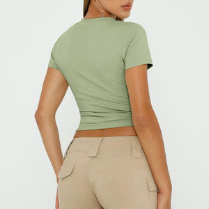 Camiseta bordada de microfibra de secado rápido para mujer, ropa de moda de talla corta, Camiseta estampada de Material mixto para mujer, camiseta alta - Product Image 2