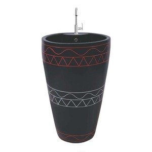 Lavabo sur pied monobloc imprimé de fleurs rouges Lavabo de salle de bain moderne à surface solide sur pied pour villa hôpital - Product Image 4