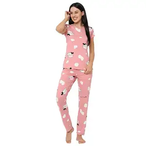 Women Pajamas Women's Autumn Short sleeved Sweet Dreams Women Printed Round Neck Half Sleeve Poly Brush Top & Pyjama Set