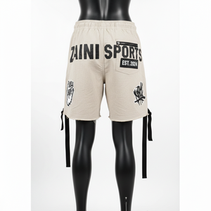 Short de bain homme personnalisé en patchwork, tissu coton épais 300 GSM, détail sangle à boucle, ourlet brut vieilli, beige - Product Image 2