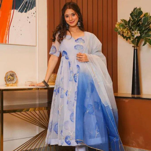 Lanzamiento de nuevo diseñador de ropa de fiesta Look vestido inferior y Dupatta de seda de organza pesada con trabajo de impresión digital y bordado completo - Product Image 1