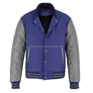 2026 <b>Men's</b> Premium Blue <b>Fleece</b> Varsity Jacket With <b>Grey</b> Leather Sleeves Multi Color Trims Design Letterman Winter Heated Jackets - Product Image 4