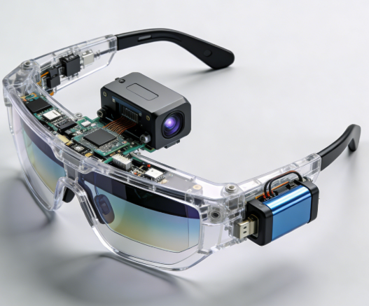 Futuristic Augmented Reality Smart Glasses Prototype Model with Transparent Holographic Lens and Integrated LiDAR Sensor