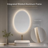 Miroir de salle de bain ovale intelligent anti-buée, éco-responsable, avec cadre en aluminium, éclairage LED dimmable 3 couleurs, 500x700mm