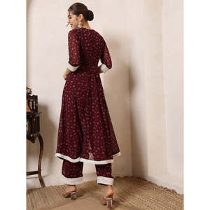 Túnica Anarkali de Gasa Floral con Mangas 3/4 y Pantalón a Juego - Conjunto Coordinado Indo-Occidental para Mujer - Product Image 4