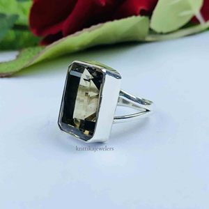 แหวนเงินสเตอร์ลิงทำด้วยมือ925อัญมณีควอตซ์สโมควอตซ์ธรรมชาติสำหรับผู้หญิงการตั้งค่าหนามเตยสำหรับงานแต่งงานแบบคลาสสิก - Product Image 5