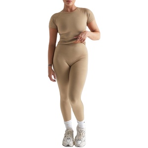 Hot Selling Custom Logo Ribbed Skinny Two Piece Set Women Short Sleeve <b>Crop</b> Top <b>Leggings</b> Tracksuit Outfits 2026 - Product Image 1