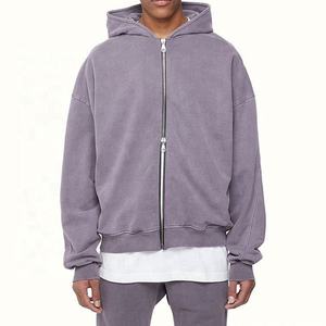Alta calidad 440G algodón poliéster liso otoño Casual peso medio gota hombro más tamaño ácido lavado hombres Full Zip Hoodie - Product Image 2