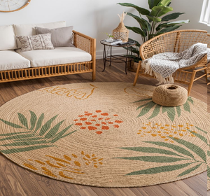 Alfombra de yute redonda Bohemia con borde de flecos vibrantes, hecha a mano con borlas de tela reciclada de colores, a precios mayoristas. - Product Image 3