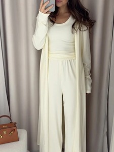 Femmes été décontracté ample coton lin chemise ensemble à manches longues Blouse haut manteau poche et droite jambe large pantalon maison porter costume - Product Image 3