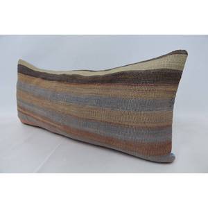 Alfombra de lana Kilim Beige a rayas sutiles, almohada de 16x36 pulgadas, patrón Vintage tejido a mano - Product Image 4