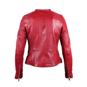 Veste de moto sans col en cuir véritable nappa de peau de mouton souple pour femme, rouge, coupe slim, manches longues, style urbain, été - Product Image 3