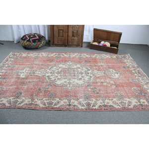 Vintage Eco-Friendly Latex Backing Traditional Turkish <b>Wool</b> Rug 5.7x9.7 ft <b>Red</b> Blue Patchwork - Product Image 3