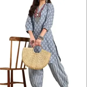 Indian Women's Trendy Printed Cotton Straight Grey Color Kurta and Afghani Pant Set