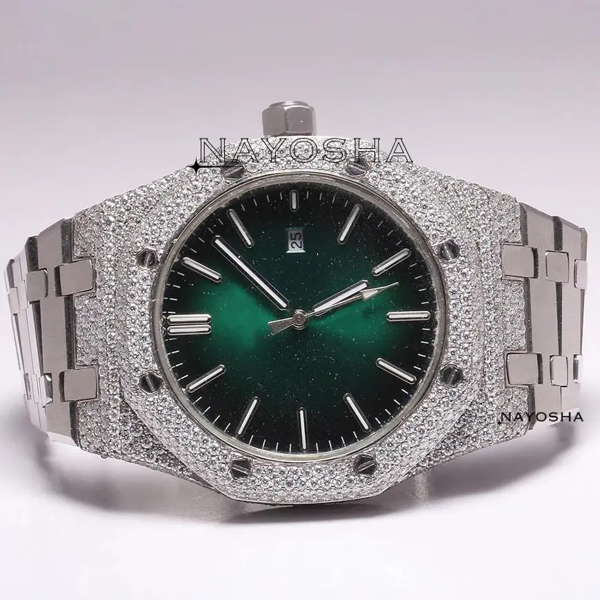 Trending Hip Hop Mens Iced Out VVS Clarity Moissanite Diamonds Wrist Watch With Custom Full Silver Green Stainless Steel Dial