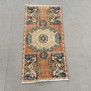 Vintage Rug, Small 1.5x3 ft Turkish Rug, <b>Brown</b> Blue Ikat <b>Wool</b> Rug - Product Image 1
