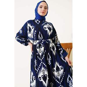 Patterned Mevlana Dress with <b>Elastic</b> Waistband Navy Blue - Product Image 3
