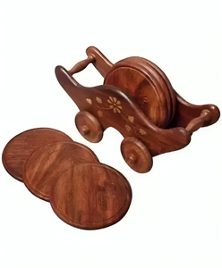 Ensemble de sous-verres classiques en bois avec support portable de style chariot, sous-verres artisanaux pour table à manger, cuisine, thé, café, bureau - Product Image 1