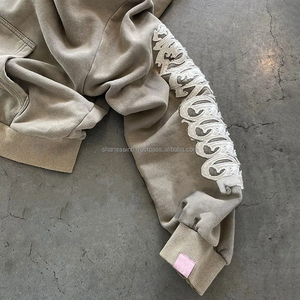 Custom Hoodie and Sewatpants Set Jogger <b>Sweatsuit</b> Distressed Embroidery Applique Patch Acid Washed <b>Women</b> Men Tracksuit - Product Image 3