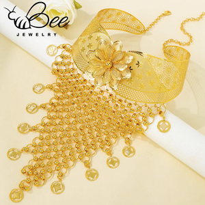 Luxury Gold Color Indian Bridal Jewelry Set Hollow Tassel Flower Long Bib Necklace Earrings Sets For Wedding - Product Image 3