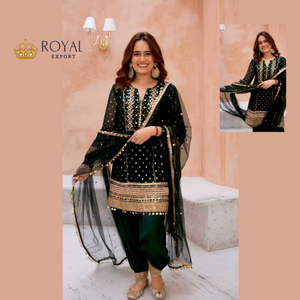 Ropa de fiesta de diseñador de color verde Faux Georgette con Secuencia de bordado colección de trajes Patiyala de Royal Export Surat - Product Image 1