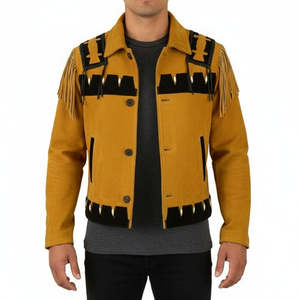 Men's Woolen <b>Western</b> <b>Jacket</b> With Fringe And Embroidered Details Turn-down Collar Casual Winter Style - Product Image 1