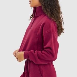 Logo personnalisé femmes 87% coton sport pull polaire poches avant demi fermeture éclair Gym vêtements actifs Fitness sweats à capuche courts - Product Image 6