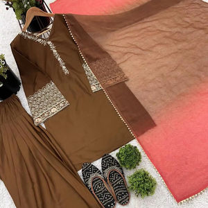 Satén Natural de Seda Salwar Kameez Dupatta Set Totalmente Cosido Reversible Listo para Usar para Fiestas Diwali Bodas - Product Image 1