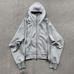 Sweats à capuche en molleton français 100% coton sur mesure, poids lourd, streetwear, surdimensionnés, triple fermeture éclair, pour l'hiver, matière de haute qualité - Product Image 5