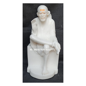 Escultura exclusiva de Sai Baba en mármol blanco hecho a mano en India, con manos bendiciendo en posición sentada, utilizada para templos y decoración del hogar. - Product Image 1