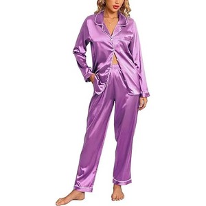 Pijamas elegantes para mujer, ropa de salón con cuello vuelto, satén de seda, venta al por mayor, ropa de dormir ligera y transpirable de manga larga para mujer - Product Image 2