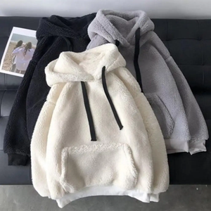 Venta caliente pulóver Casual mujer Sherpa Sudadera con capucha Color sólido con capucha manga larga cordón parche bolsillo mantener caliente sudaderas con capucha de felpa - Product Image 4