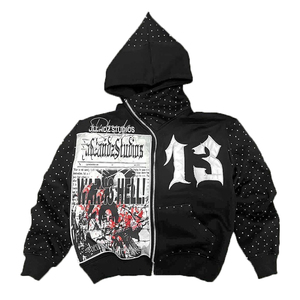 GSM Heavy Weight Distressed Acid Washed Hoodie Blank Zip up Hooded Vintage Winter Full Rhinestones Basics Cotton Blended - Product Image 1