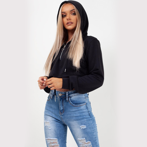 2025 Latest Design <b>Black</b> Color <b>Plain</b> Blank Long Sleeve Half Zipper Crop Cotton <b>Hoodie</b> Women's Custom Made Plus Size Crop <b>Hoodie</b> - Product Image 1