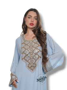 Ensemble de luxe 2 pièces pour femmes musulmanes, robe modeste simple en mousseline de soie unie avec perles, longueur ras du sol, coupe trapèze, pour fêtes et mariages, ornée - Product Image 2