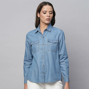 Nardon Apparel 100% camisas de mezclilla de algodón 2025 blusas de diseñador de verano para mujer camisa de mezclilla azul claro sólido informal - Product Image 3