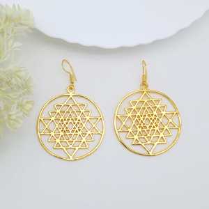 Fashionable Brass Shri Yantra <b>Dangle</b> <b>earring</b> 18k <b>Gold</b> Plated Geometric Drop <b>Earring</b> Statement Mandala Sacred Handmade Wholesale - Product Image 2