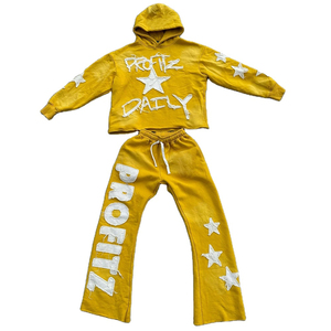 Custom Winter Men's Solid Sunfaded Vintage Washed <b>Distressed</b> Two Piece Tracksuit Set Acid Wash Sweatpants Embroidered Logo Patch - Product Image 1