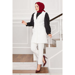 Conjunto de Pantalones y Chaleco Largo Color Crudo para Mujer, Blazer con Cuello de Pañuelo, Doble Botonadura, Decoración Casual, Estilo Elegante para Verano y Otoño - Product Image 1