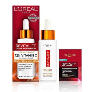 LOreal Paris Revitalift 12% suero puro de vitamina C, vitamina E, ácido salicílico, brillo 1 oz + muestra de humectante