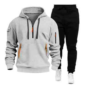 Conjunto de sudadera con capucha y pantalones deportivos de algodón 2025 para hombre personalizado 100%, diseño de cremallera multibolsillo para deportes transfronterizos - Product Image 2