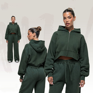 Sudaderas con capucha lavadas recortadas de alta calidad y pantalones Jogger Conjunto de 2 piezas Logotipo personalizado Chándales verdes Mujeres Zip up Hoodie Set al por mayor - Product Image 1