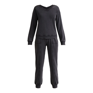 Conjunto de sudaderas y pantalones de chándal para mujer de color negro de proveedor de Bangladesh, conjunto de sudaderas y pantalones con cuello en V para mujer - Product Image 1