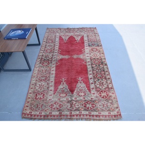 3.7x6.7 ft Area Vintage Turkish Rug, <b>Red</b> Polka dot <b>Wool</b> Rug - Product Image 1