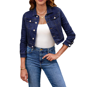 แจ็กเก็ตยีนส์เอวลอยสำหรับผู้หญิงเสื้อครอปแบบมีกระดุมติดข้อมือเสื้อแจ็คเก็ตผ้ายีนส์ทันสมัยมีหลายกระเป๋า - Product Image 3