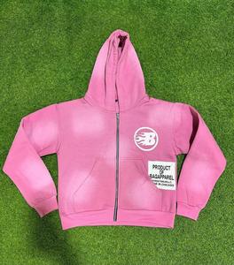 Personalizado invierno 500 Gsm transpirable Vintage Sudadera con capucha Boxy Fit diamantes de imitación francés Terry algodón desgastado DTG estampado cremallera 3D - Product Image 3