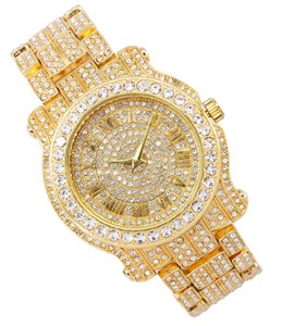 Montre-bracelet en métal bling à cadran romain, ton or, pavé de diamants glacés avec de la moissanite simulée, style business, acier inoxydable - Product Image 4